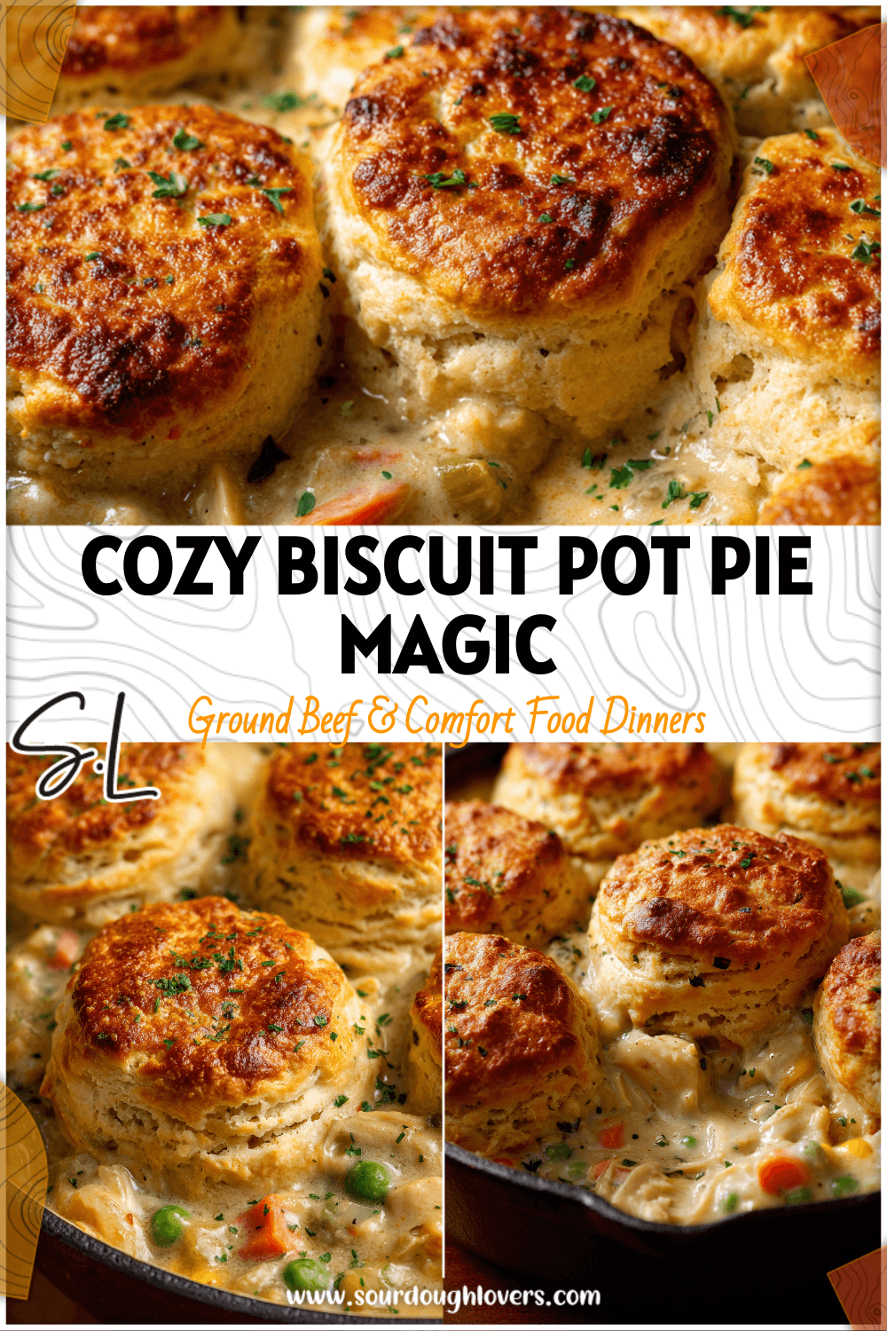 Golden biscuit-topped turkey pot pie served in a cast iron dish with creamy filling and herbs, perfect for Dinner Ideas.